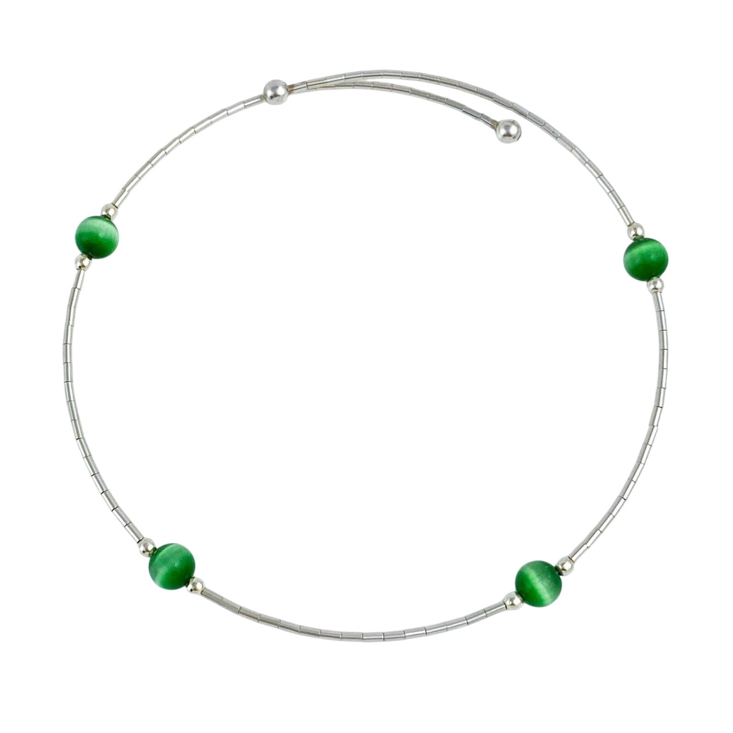Vintage Sterling Silver 925 Green Cat’s Eye Memory Wire Bracelet 8"