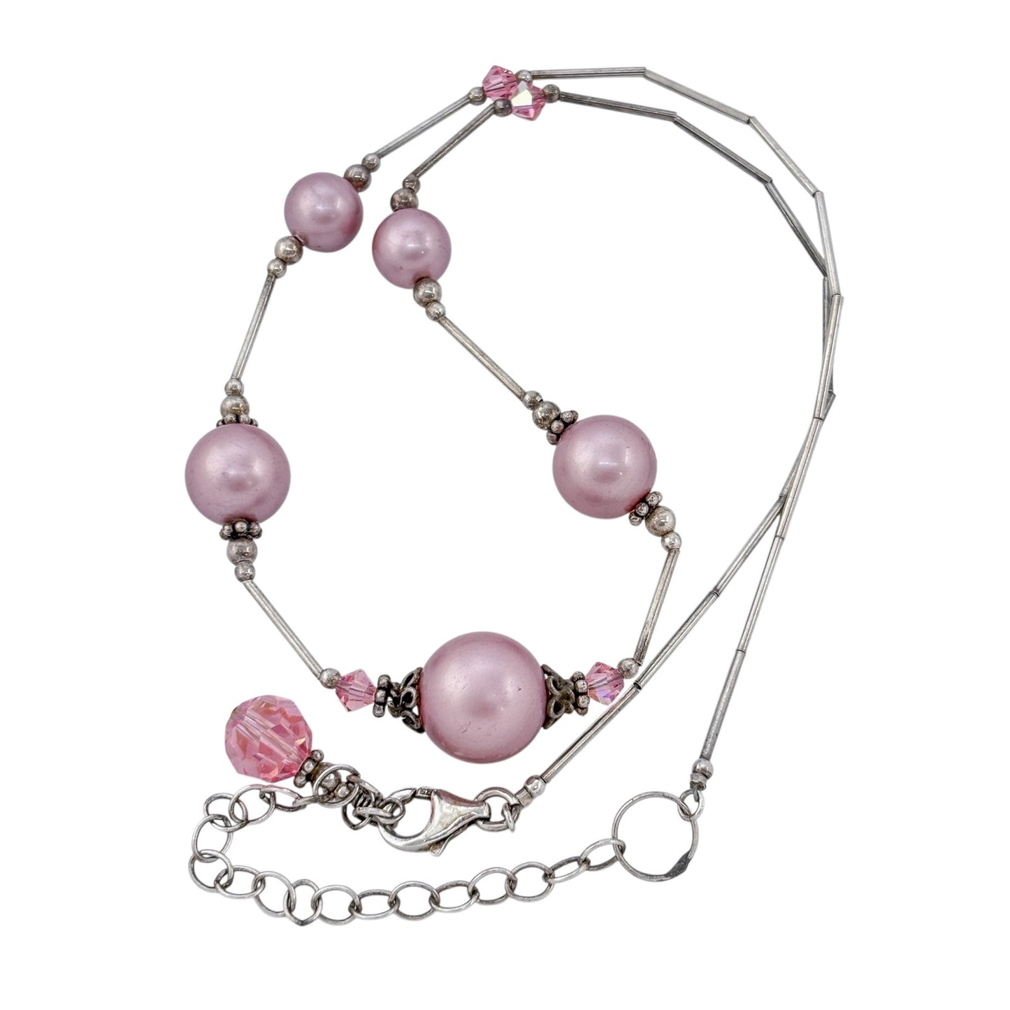 Vintage Sterling Silver 925 Imitation Pink Pearl Crystal Necklace 16"-19"