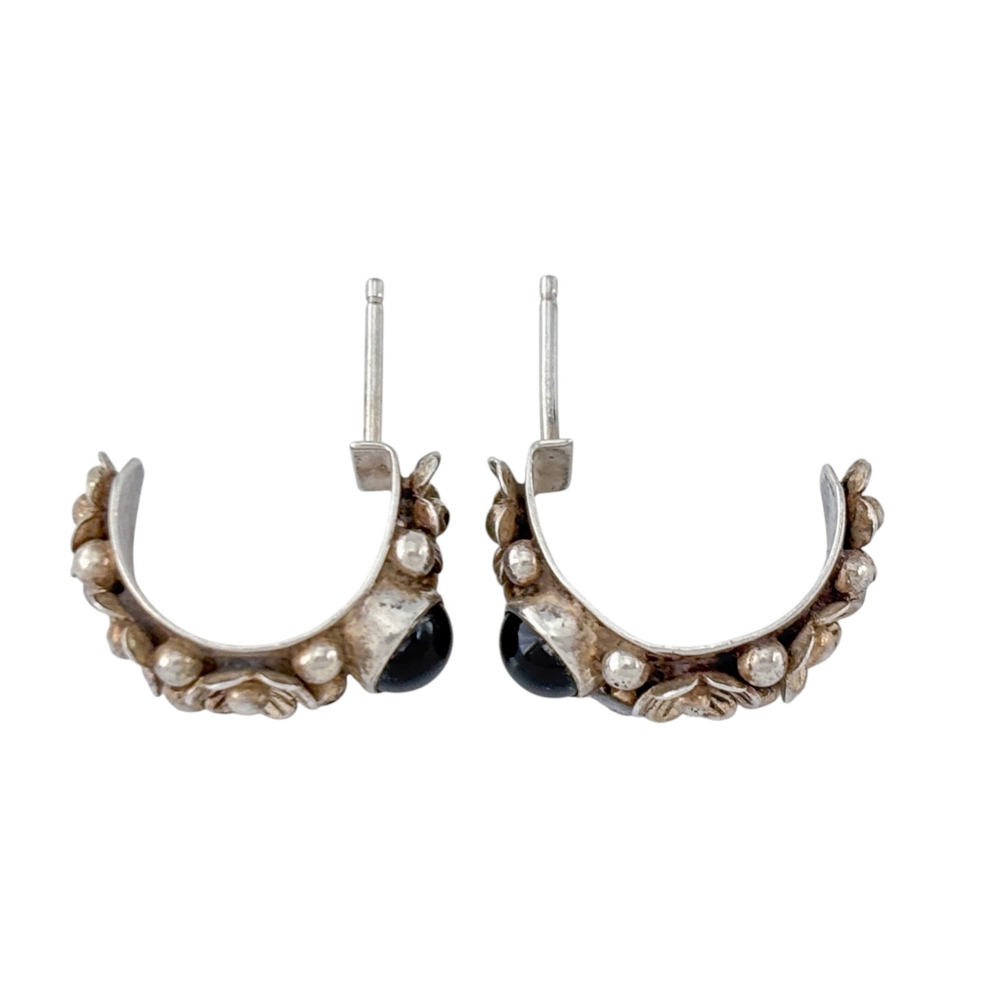 Vintage Sterling Silver 925 Onyx Floral Hoop Earrings