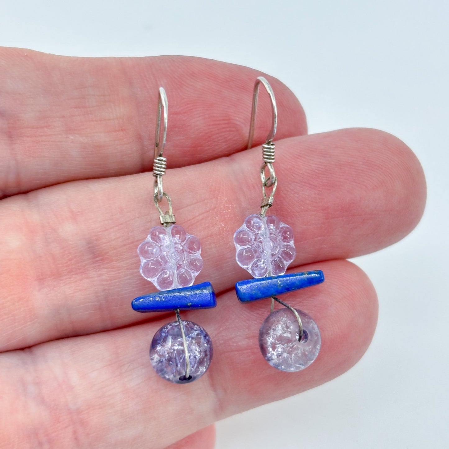 Vintage Sterling Silver 925 Blue Lapis Lazuli Glass Bead Dangle Earrings