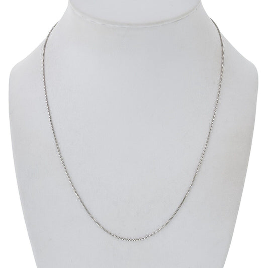 Silver box chain necklace on a mannequin bust against a white background