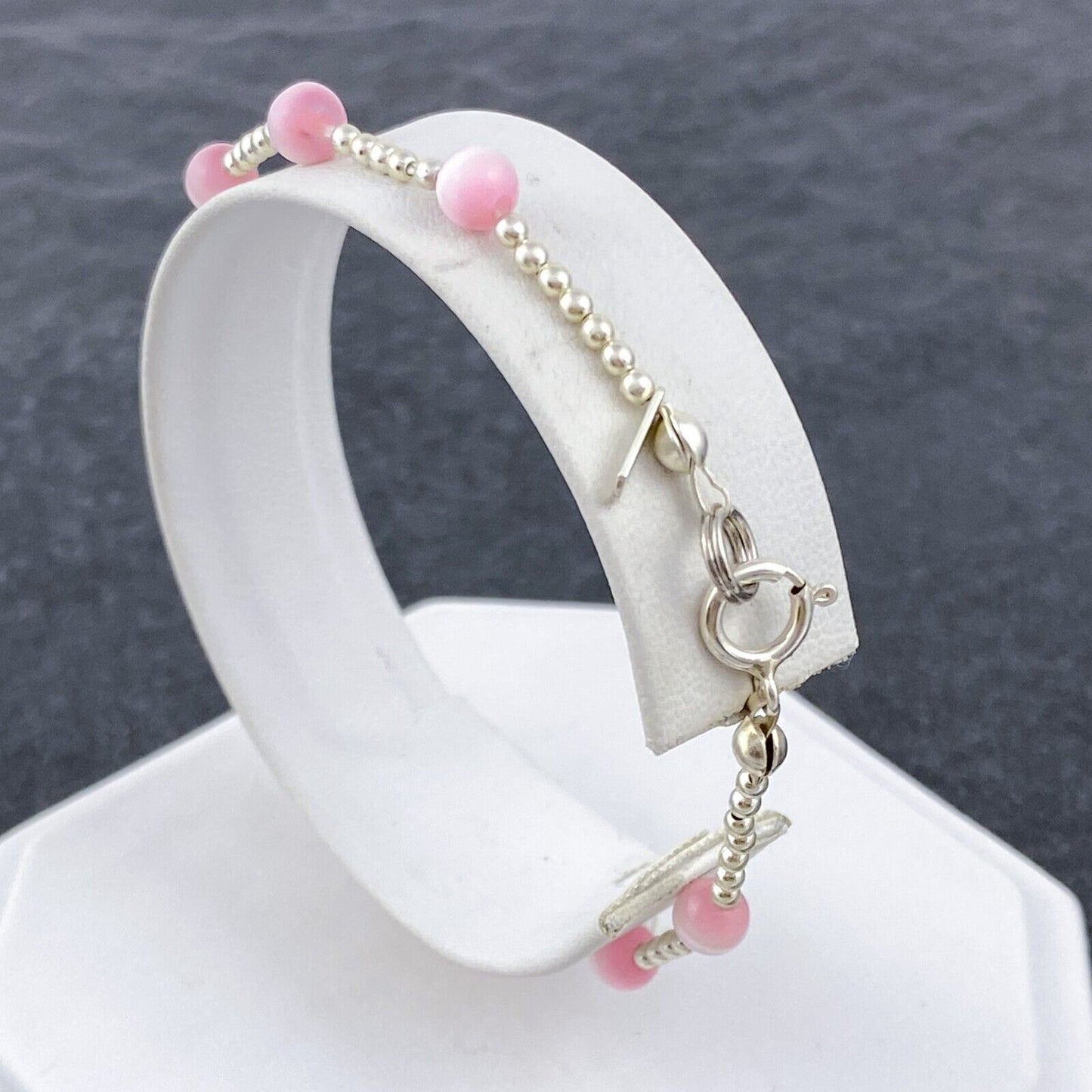 Vintage Sterling Silver 925 Pink Cat’s Eye Glass Bracelet 7.5"