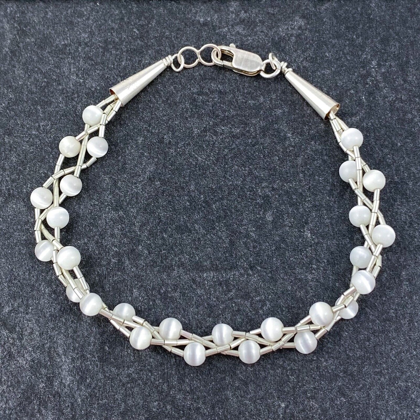 Vintage Sterling Silver 925 White Cat’s Eye Bracelet 7"