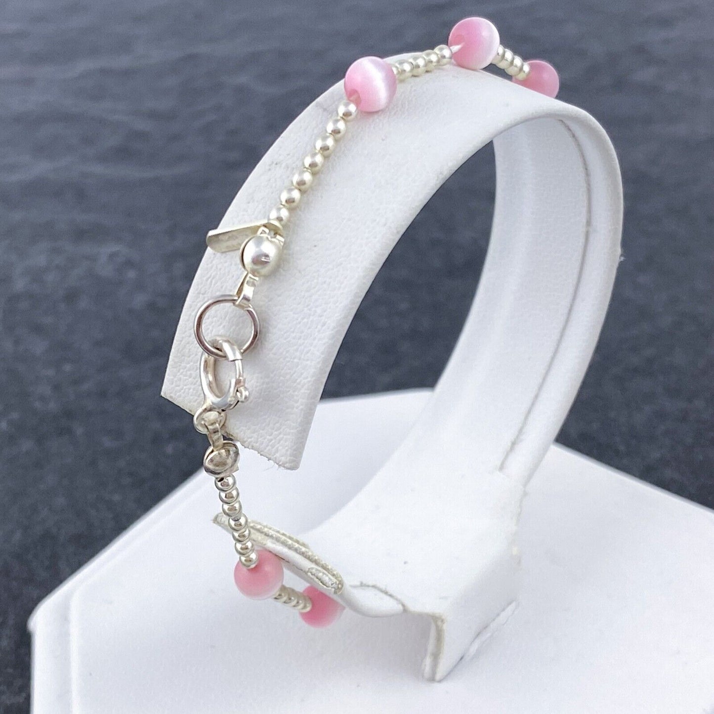 Vintage Sterling Silver 925 Pink Cat’s Eye Glass Bracelet 7.5"