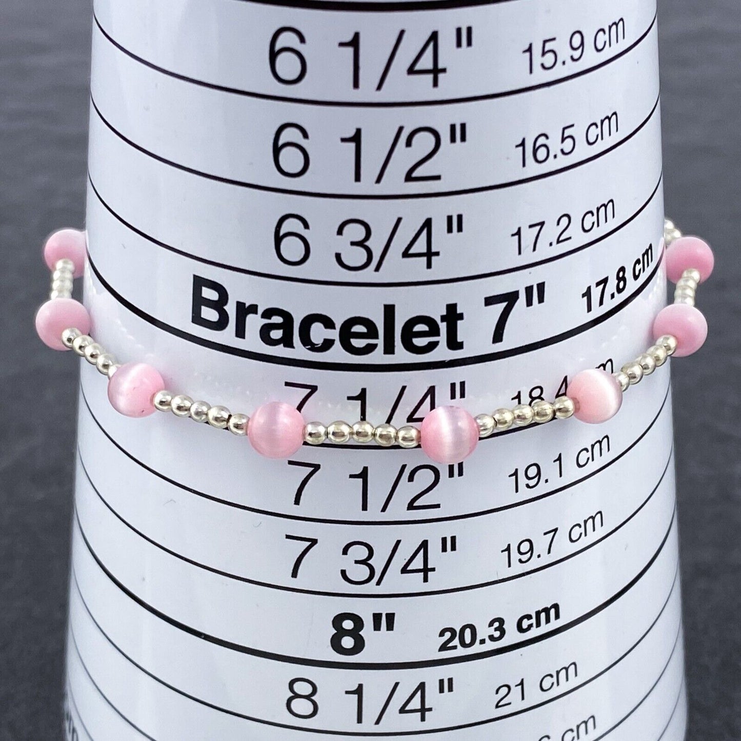Vintage Sterling Silver 925 Pink Cat’s Eye Glass Bracelet 7.5"