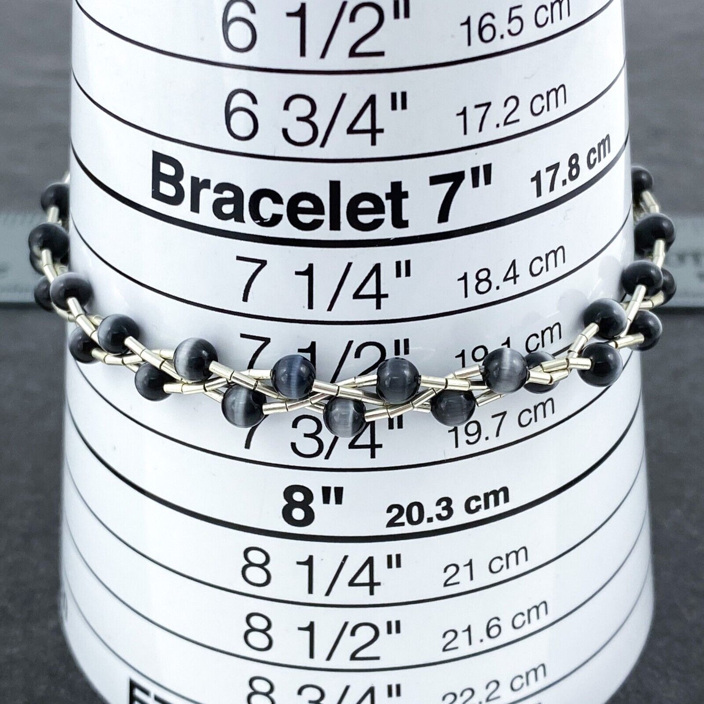 Vintage Sterling Silver 925 Black Cat’s Eye Glass Bracelet 7.75"