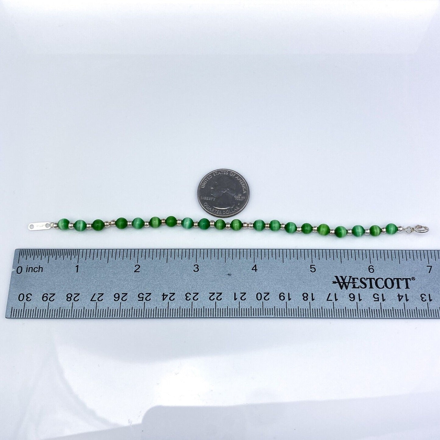 Vintage Sterling Silver 925 Green Cat’s Eye Bracelet 7"