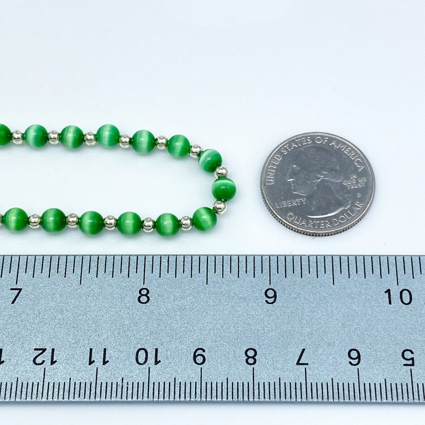 Vintage Sterling Silver 925 Green Cat’s Eye Necklace 16-17.5"