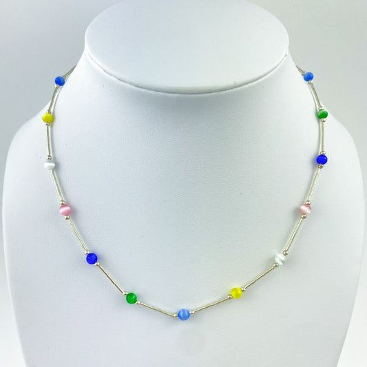 Vintage Sterling Silver 925 Multicolor Cat’s Eye Necklace 15.75"