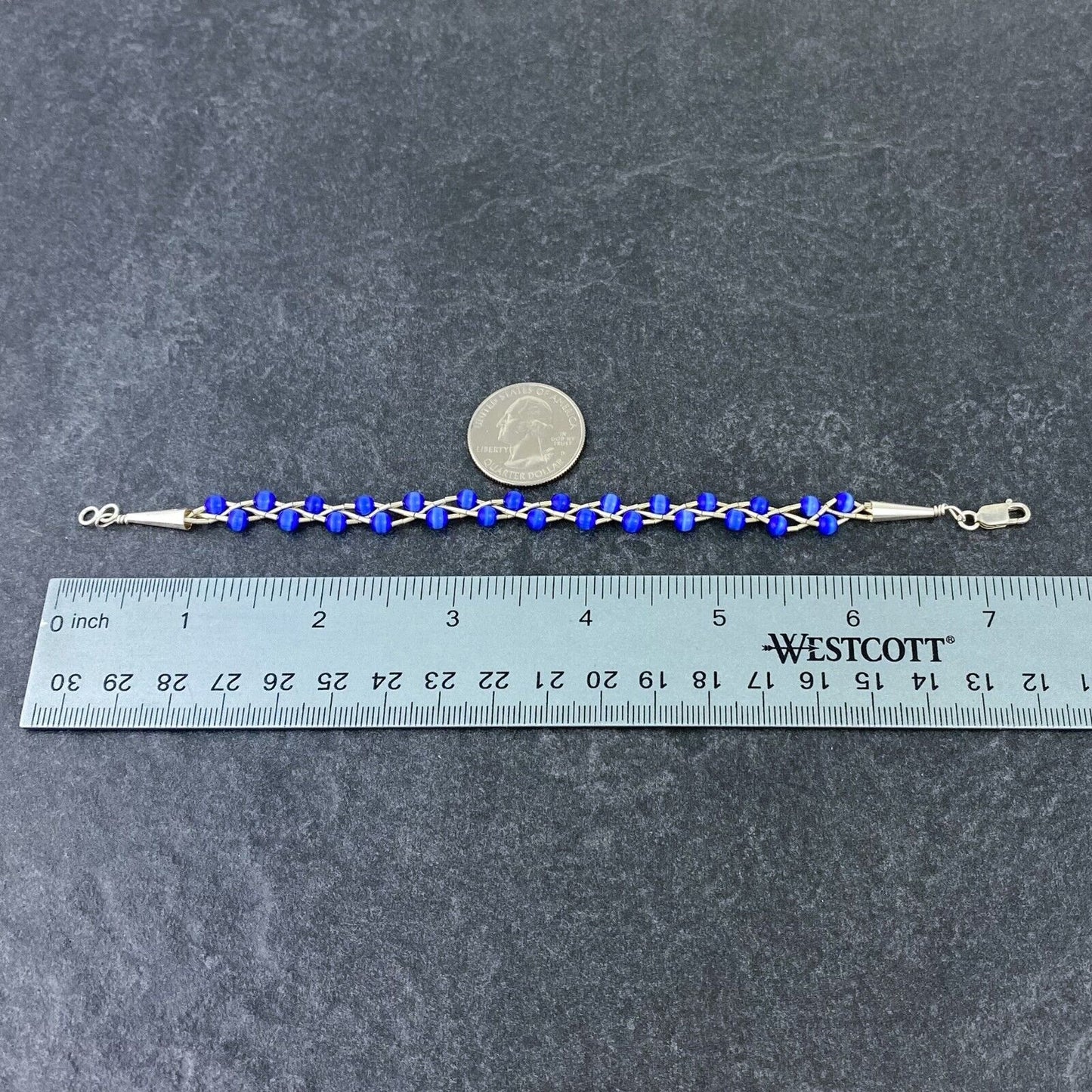 Vintage Sterling Silver 925 Blue Cat’s Eye Bracelet 7.25"