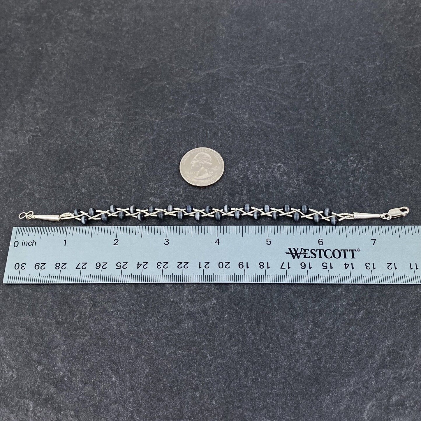 Vintage Sterling Silver 925 Black Cat’s Eye Glass Bracelet 7.75"