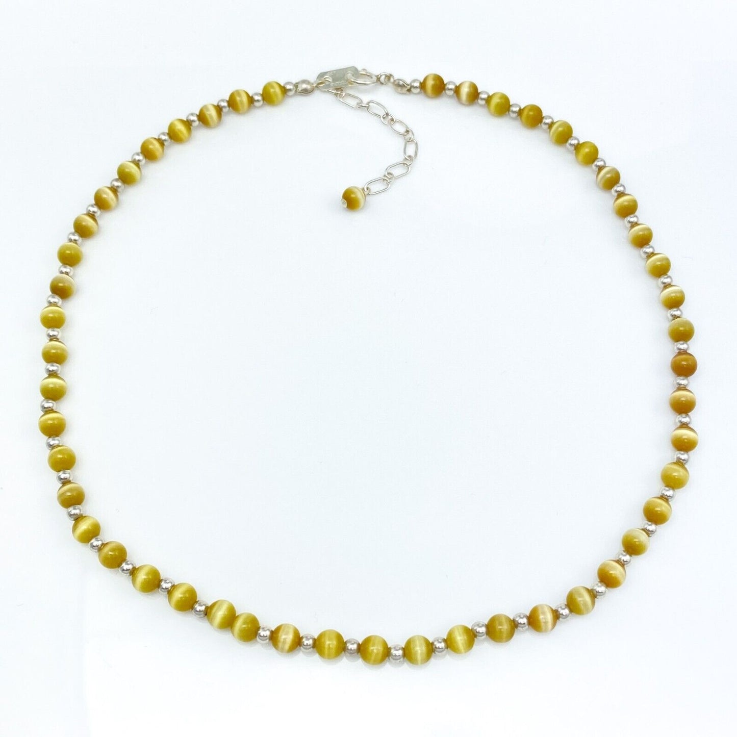 Vintage Sterling Silver 925 Gold Cat’s Eye Necklace 16-17.5"