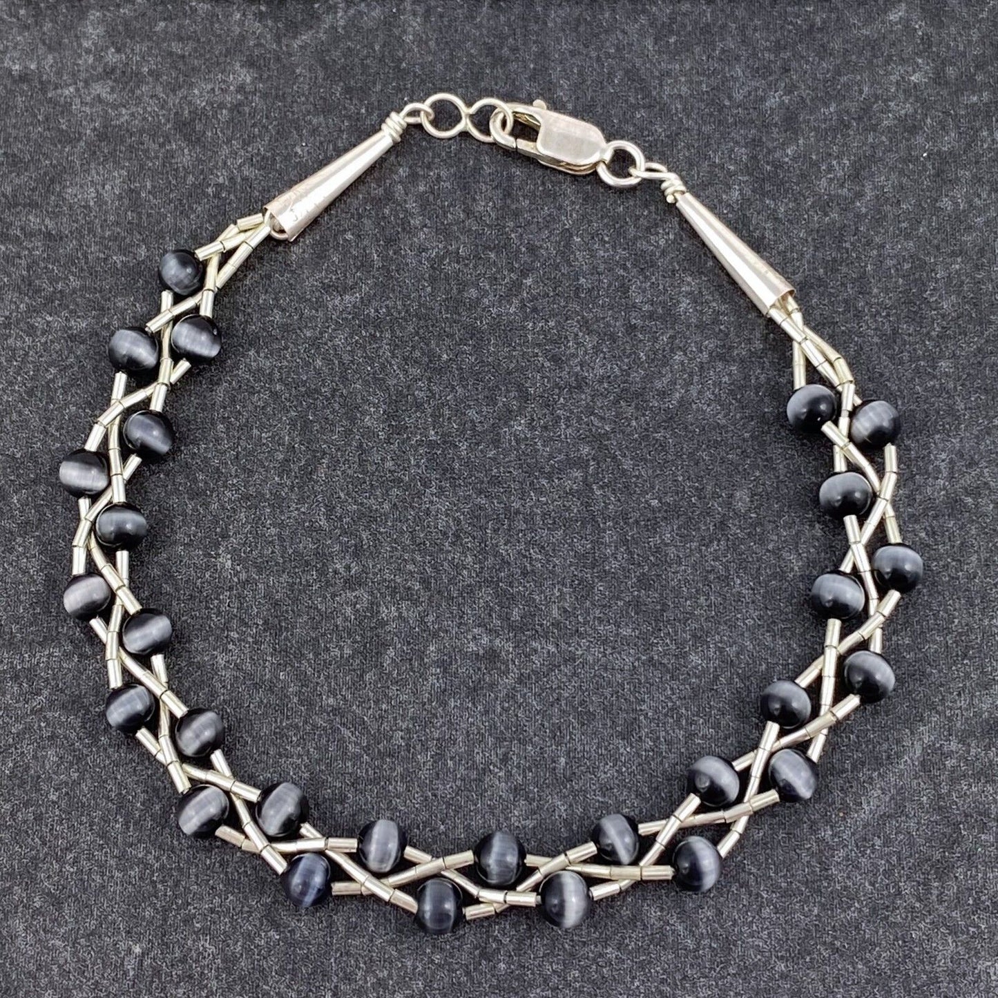 Vintage Sterling Silver 925 Black Cat’s Eye Glass Bracelet 7.75"