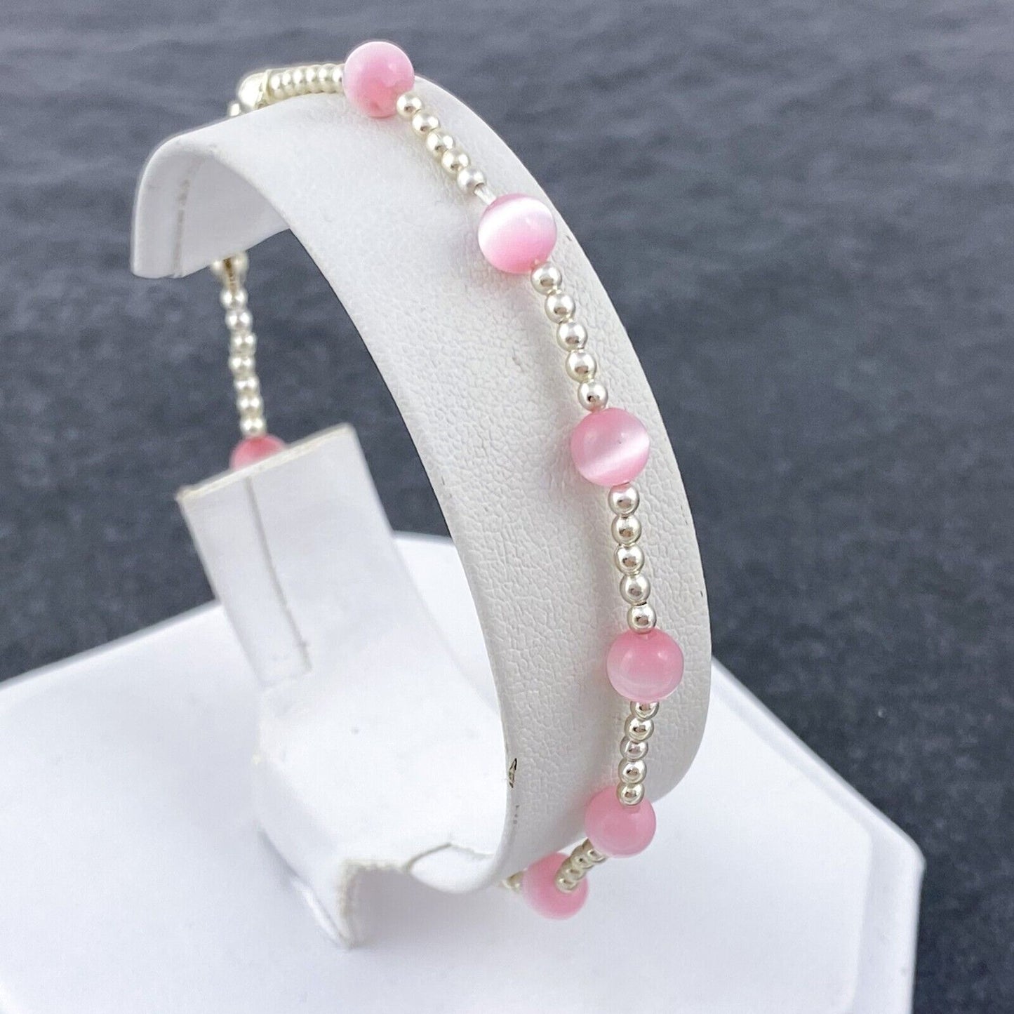 Vintage Sterling Silver 925 Pink Cat’s Eye Glass Bracelet 7.5"