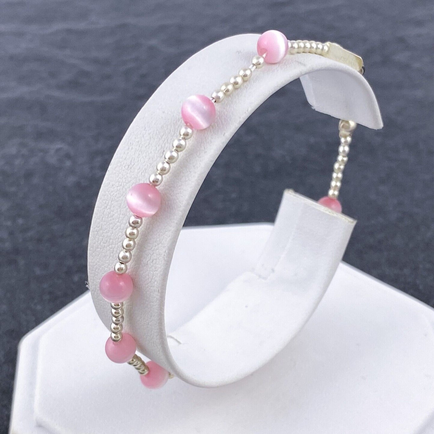 Vintage Sterling Silver 925 Pink Cat’s Eye Glass Bracelet 7.5"