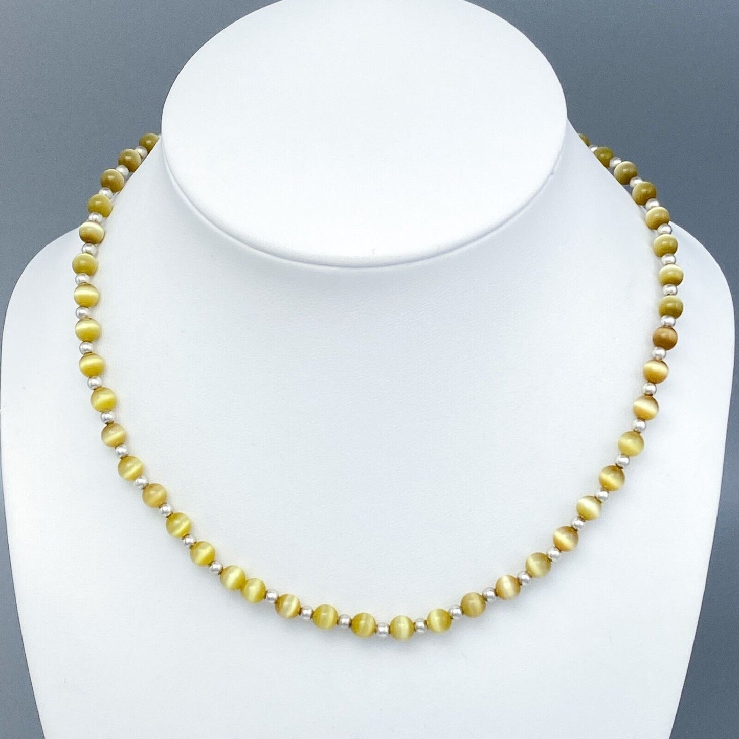 Vintage Sterling Silver 925 Gold Cat’s Eye Necklace 16-17.5"