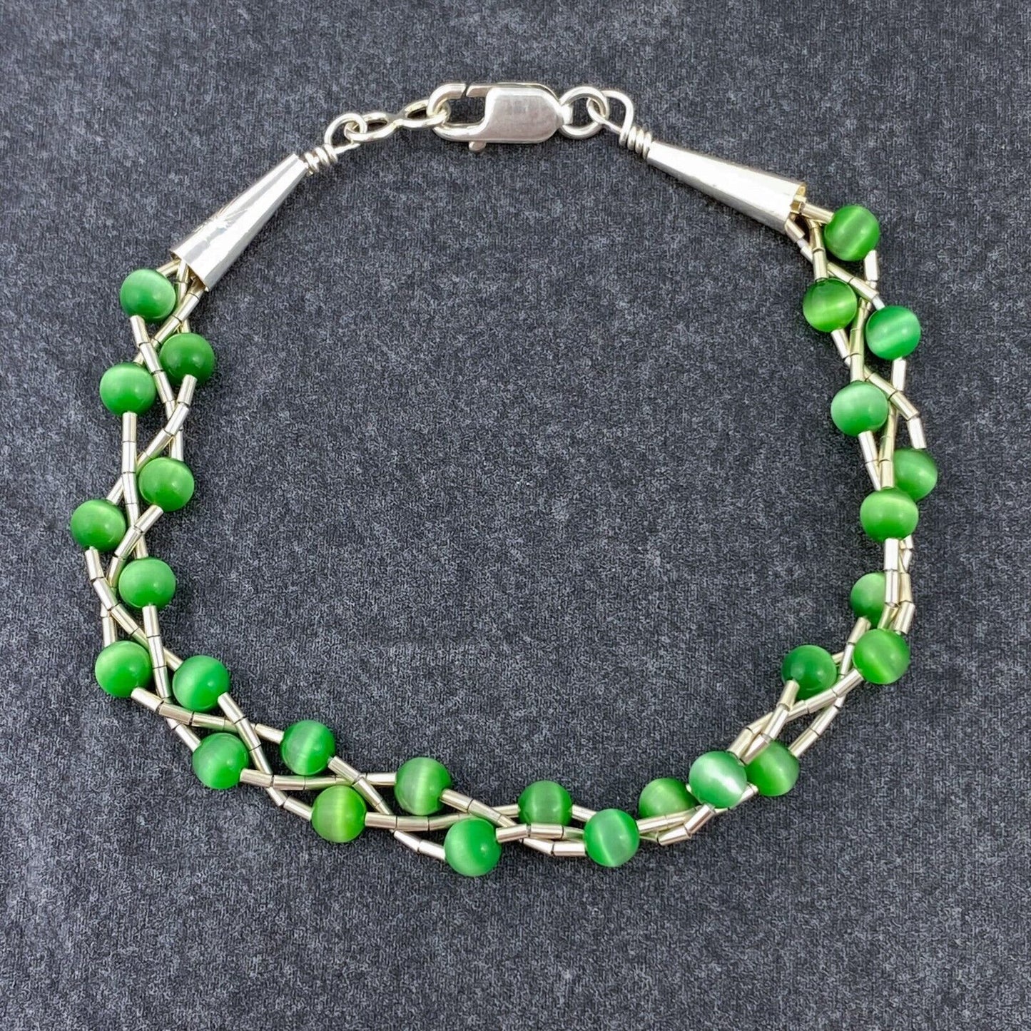 Vintage Sterling Silver 925 Green Cat’s Eye Bracelet 7"