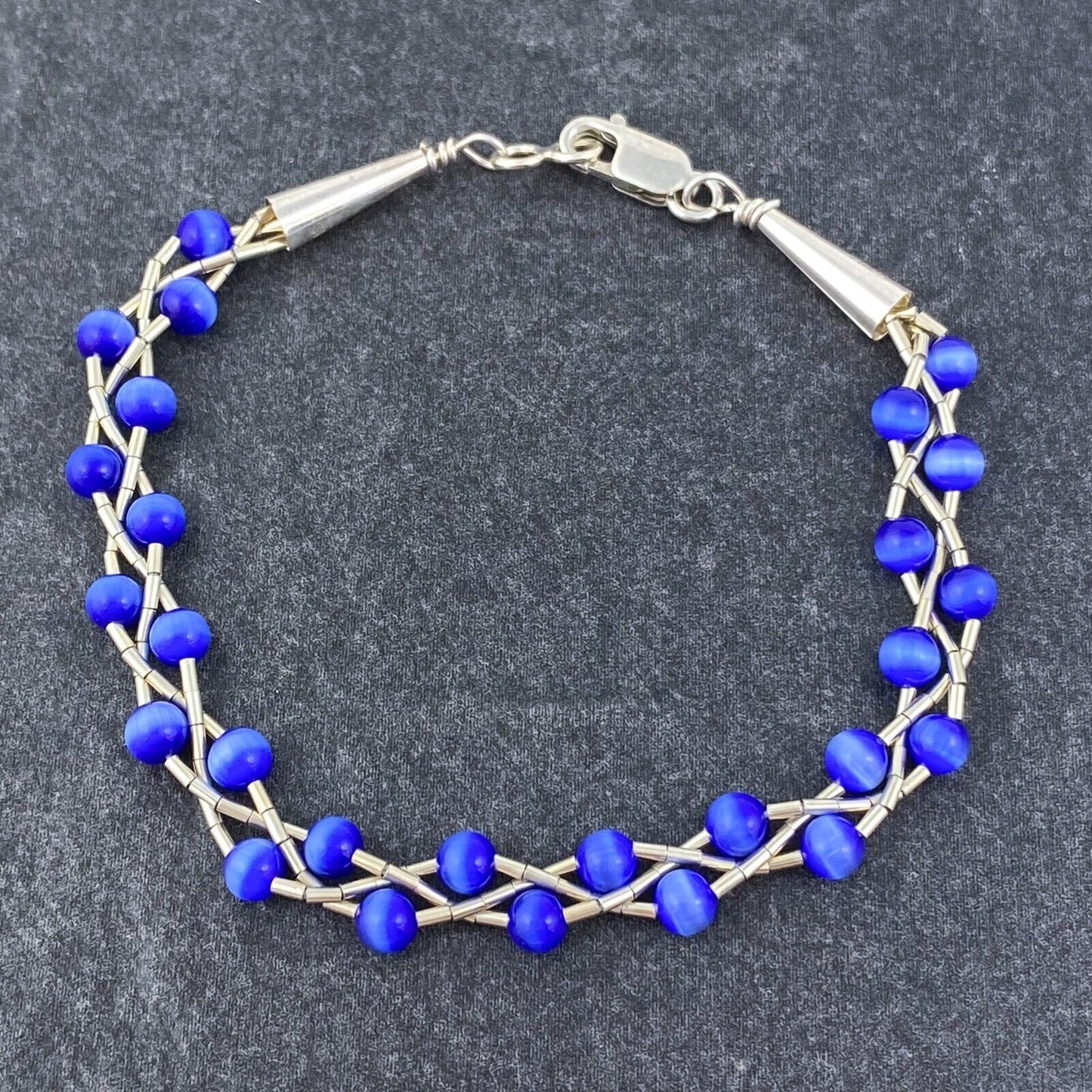 Vintage Sterling Silver 925 Blue Cat’s Eye Bracelet 7.25"