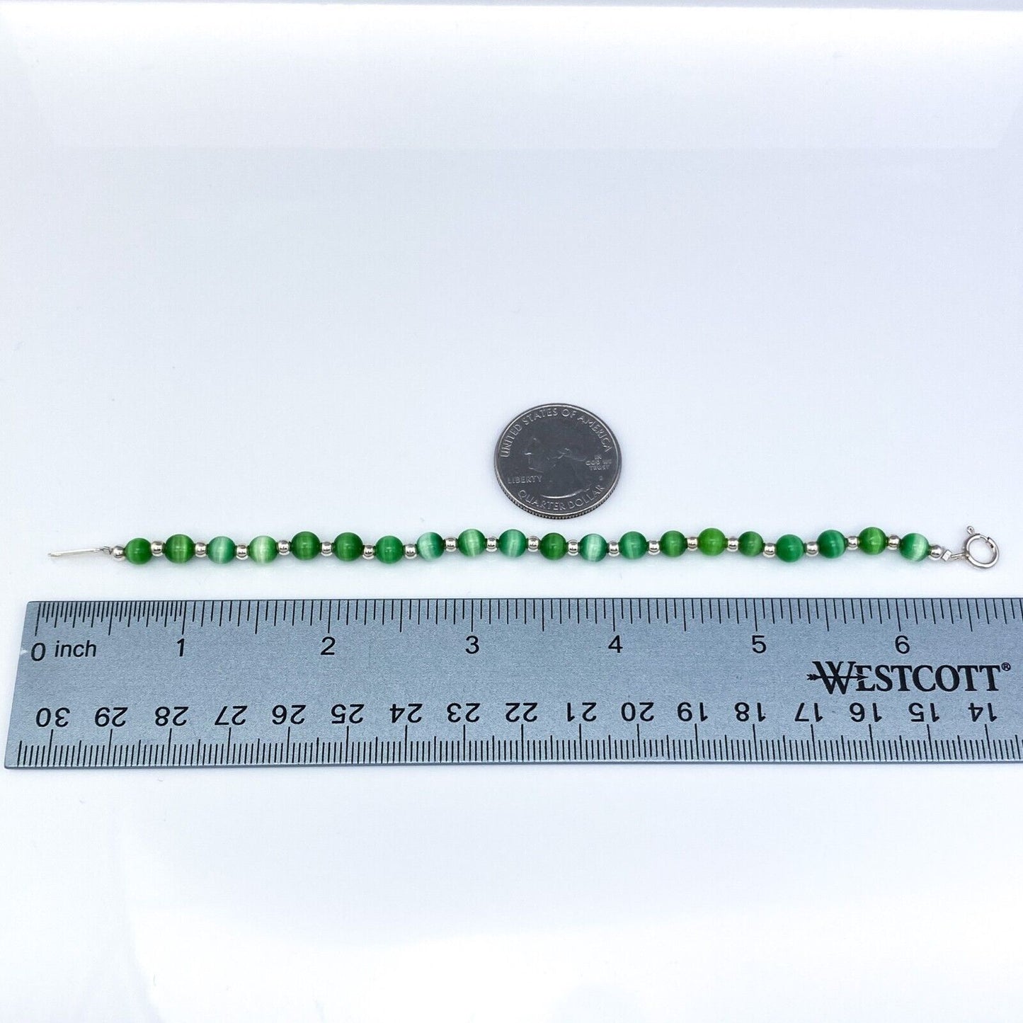 Vintage Sterling Silver 925 Green Cat’s Eye Bracelet 6.75"