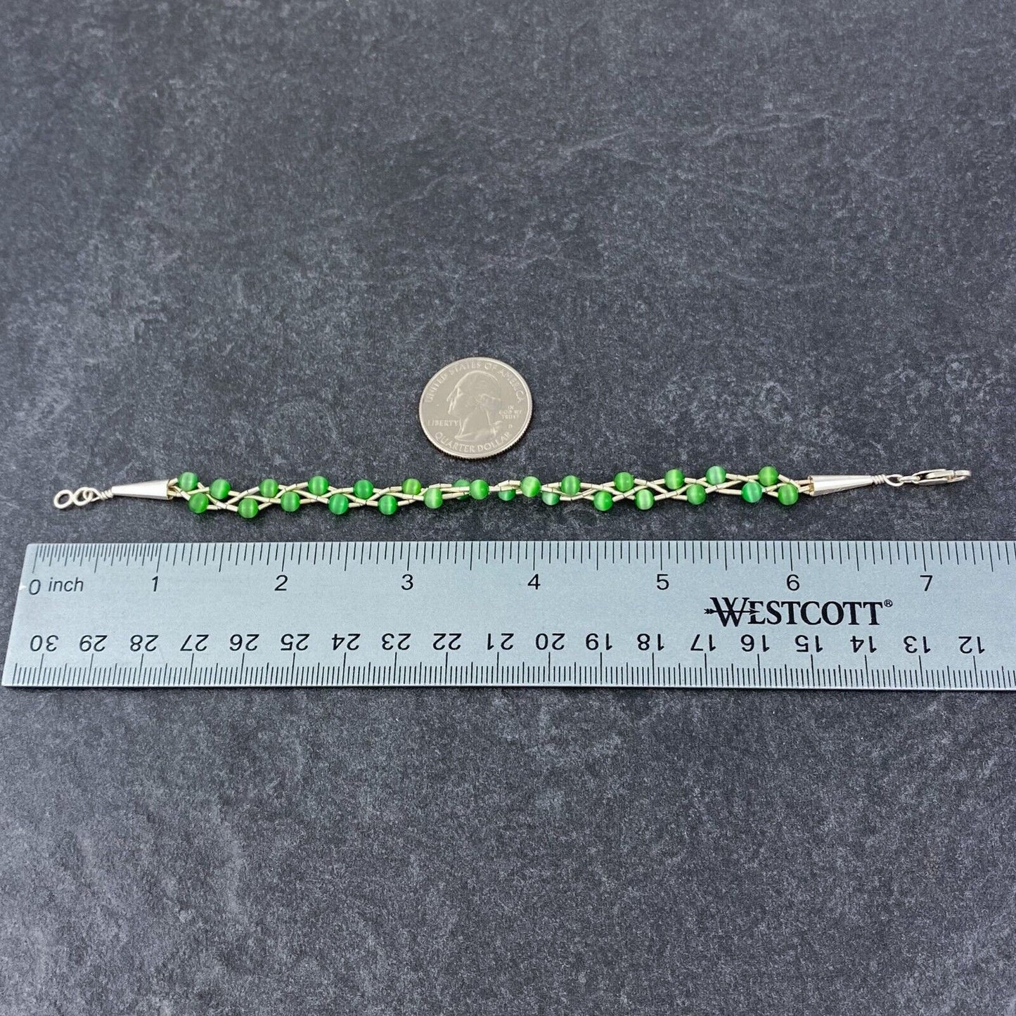 Vintage Sterling Silver 925 Green Cat’s Eye Bracelet 7"