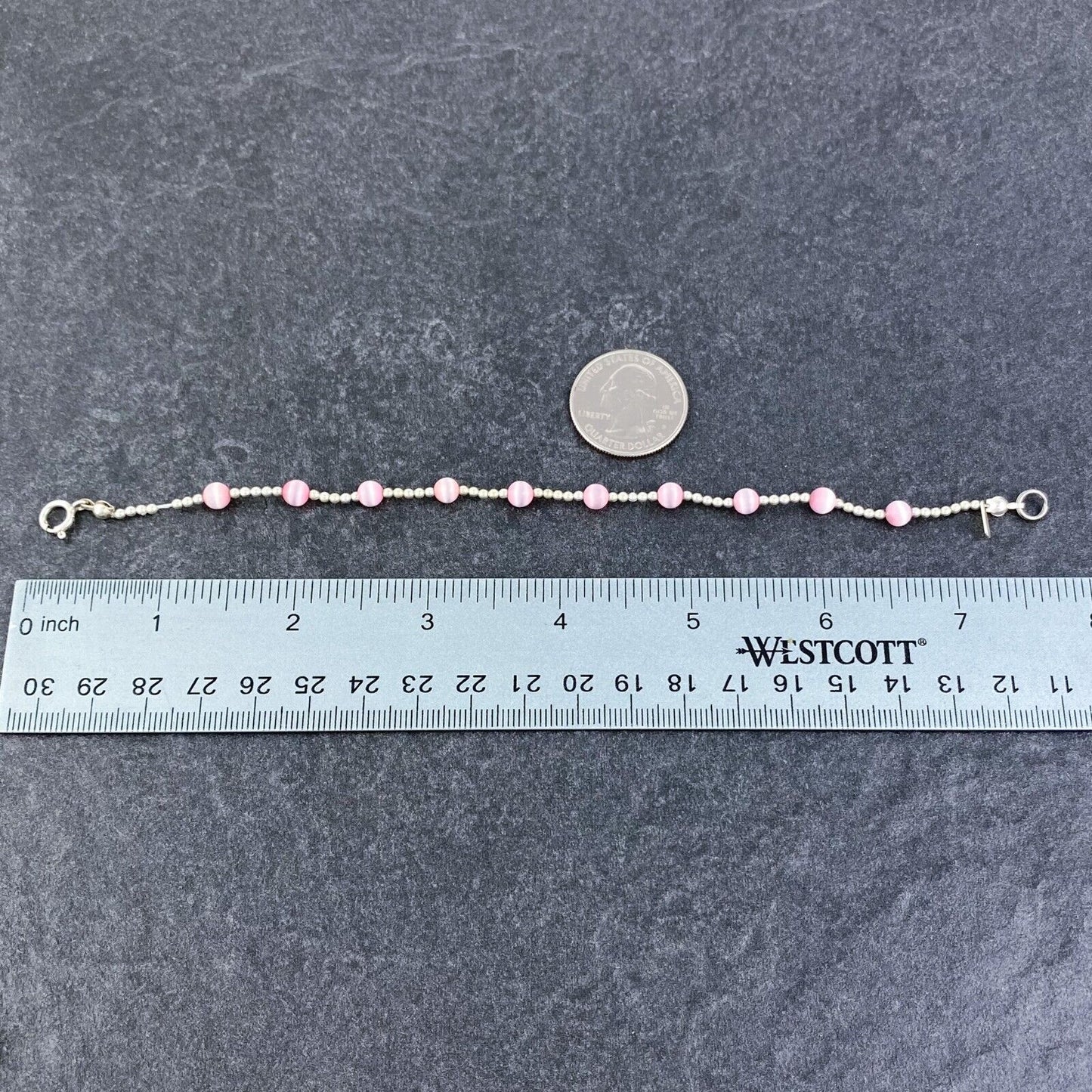 Vintage Sterling Silver 925 Pink Cat’s Eye Glass Bracelet 7.5"